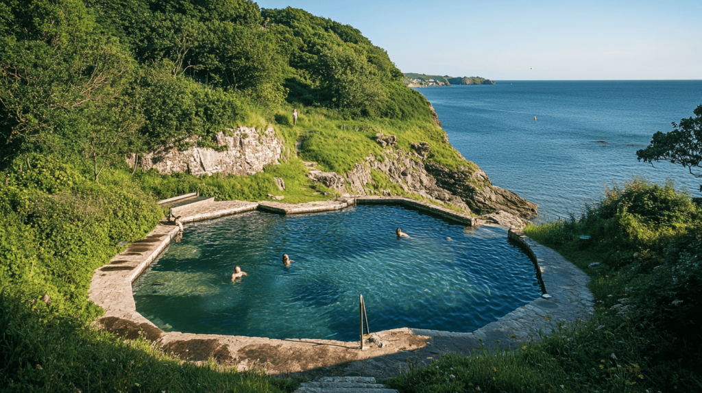 A cliffside seawater pool with swimmers enjoying the water, encircled by lush greenery and overlooking a calm blue sea