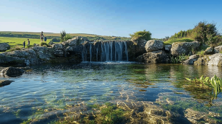 A small waterfall cascading over rock formations into a clear, shallow pool surrounded by rolling green fields and a few people exploring the scene