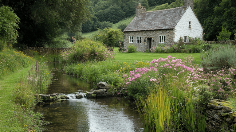 A serene stream lined with pink blossoms and tall grasses leading to a rustic stone cottage, set amid rolling green hills and trees.