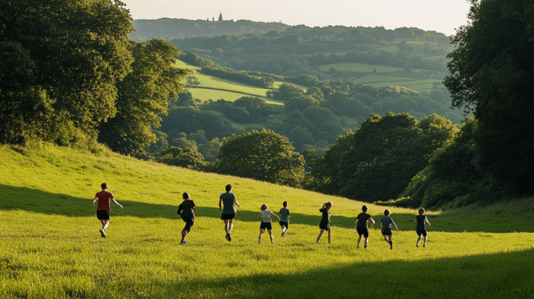 A group running down a sunlit hillside in a green English landscape, with distant farmland and a spire on the horizon