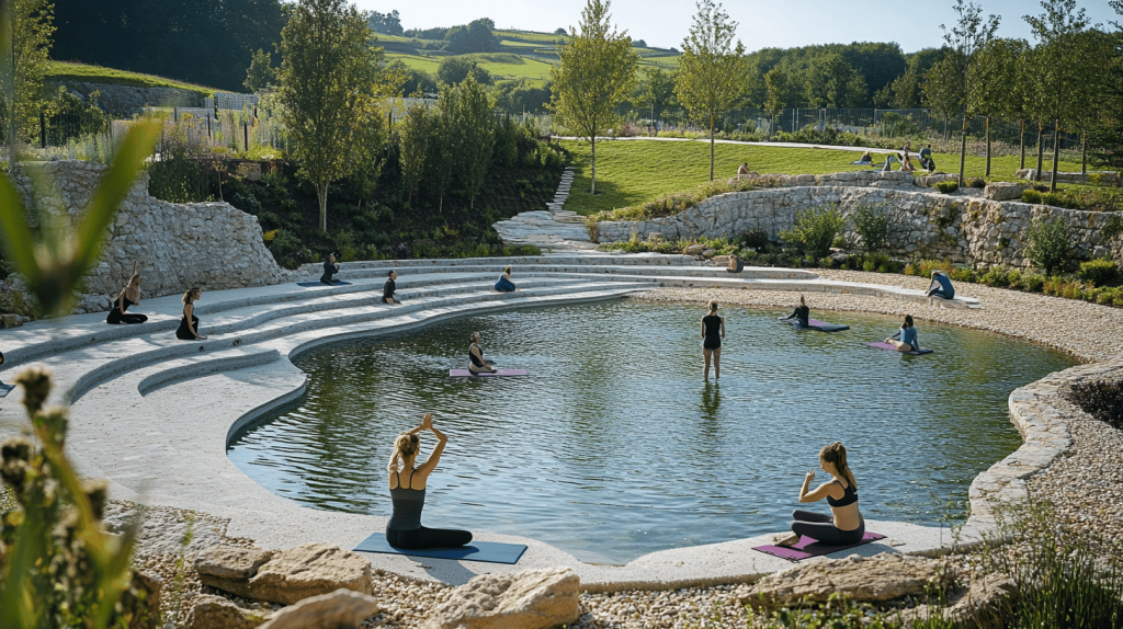 A group of people practising yoga on stepped seating around a tranquil pond in a lush, rolling landscape