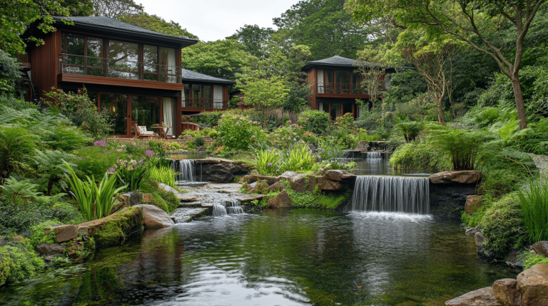 Three contemporary wooden villas surrounded by lush ferns, flowering plants, and a series of cascading waterfalls flowing into a clear, reflective pond