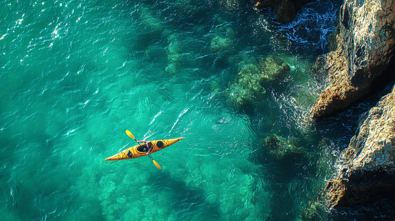 A lone kayaker paddles a bright yellow kayak over clear, emerald-green coastal waters near rugged rock formations.