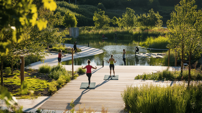 Several people standing on yoga mats on a wooden deck beside a shallow pond surrounded by greenery and gentle slopes, with paddle boards floating nearby