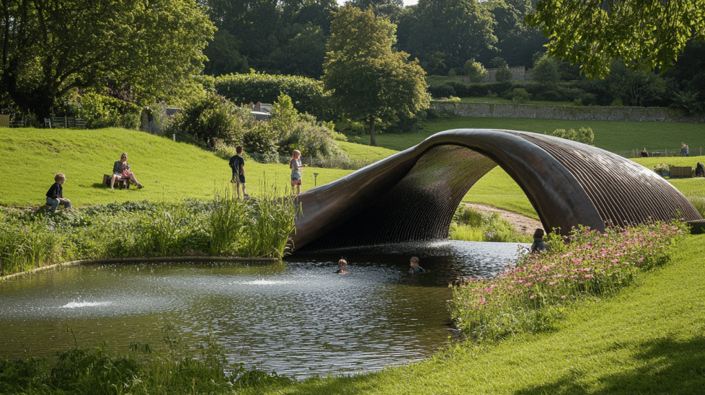 A wave-shaped metal bridge arching over a calm pond with children wading beneath and visitors relaxing on green slopes