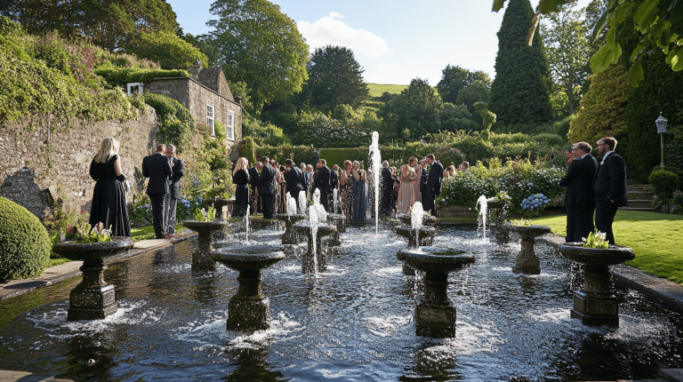 A group of guests in formal attire gathered around multiple stone fountains amidst a manicured garden framed by stone walls and lush greenery.