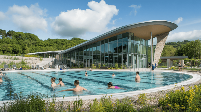 A sweeping glass-fronted building with a curved roof, featuring an outdoor swimming pool where people are enjoying the water, surrounded by lush greenery