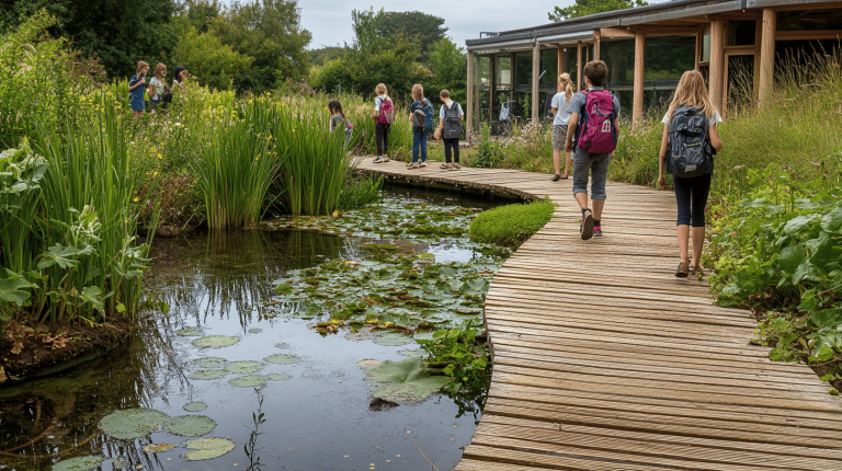 Group of young visitors walking on a wooden walkway beside a pond with lush aquatic plants