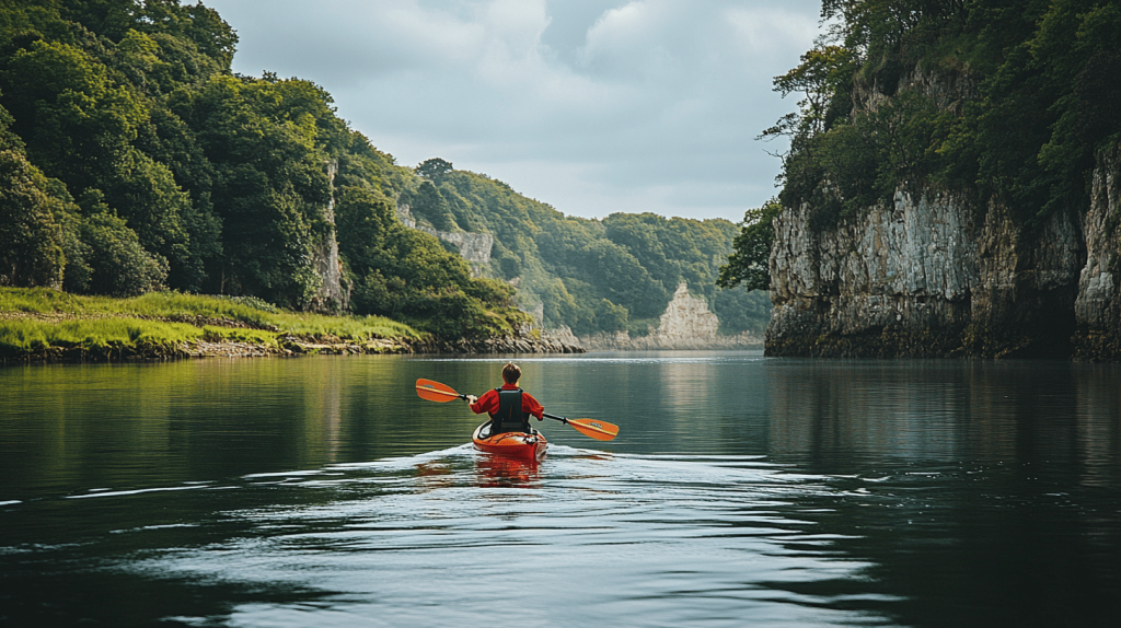 A person in a red kayak paddling through calm water between steep, forested cliffs under an overcast sky