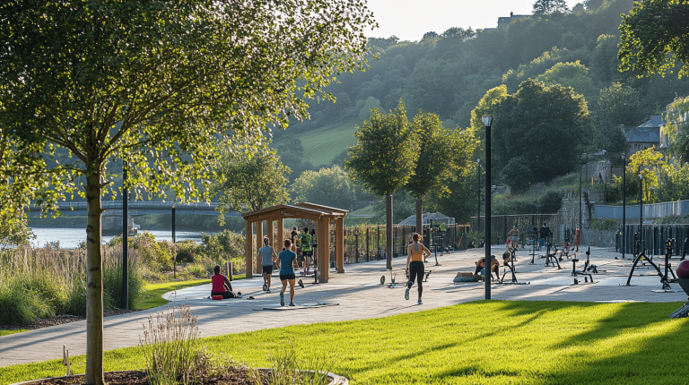 People exercising in a landscaped riverside area with lush trees, rolling green hills, and a nearby bridge