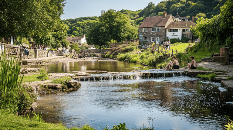 A shallow stream flows gently through a countryside setting, spilling over small stone ledges, surrounded by lush greenery and a few people relaxing at the water’s edge on a sunny day.