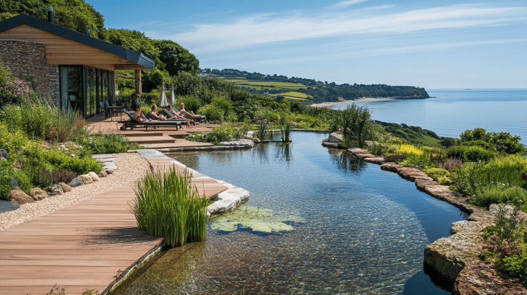 A modern timber-and-stone building beside a natural swimming pond featuring lush plantings, wooden decking, and a sweeping view of the coastline