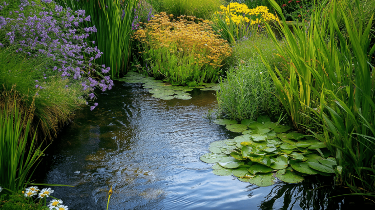 A gently flowing waterway bordered by tall green reeds and diverse clusters of purple, yellow, and straw-toned flowers, with broad lily pads floating on the surface