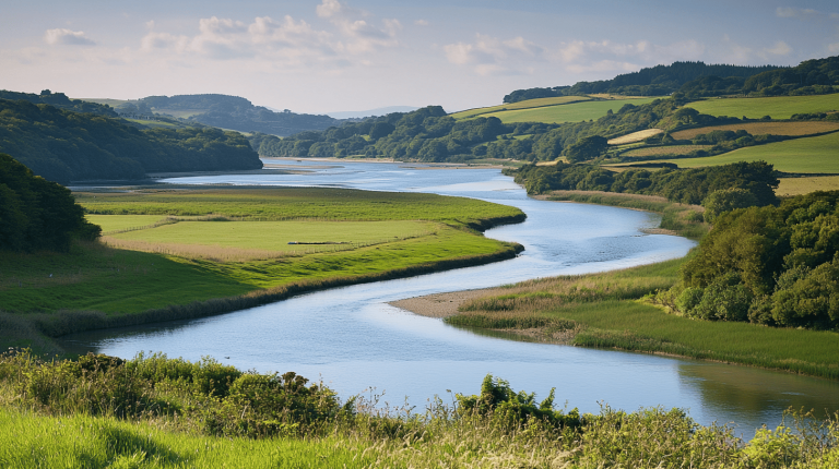 A winding river flowing through green farmland surrounded by rolling hills under a lightly clouded sky