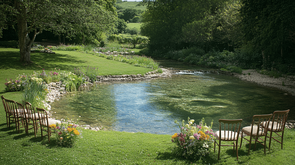 Wooden chairs set on a green lawn next to a clear, stone-bordered pond surrounded by blooming flowers and mature trees