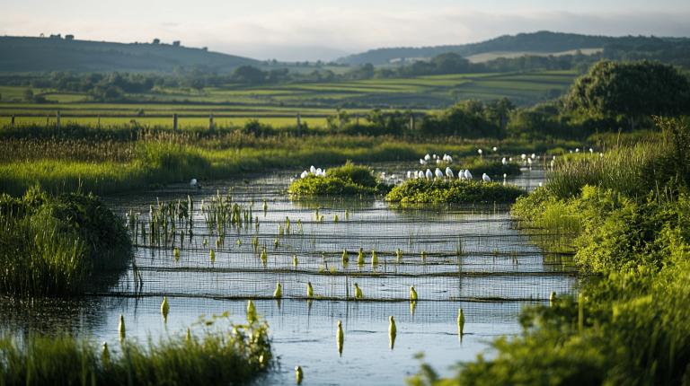 A calm wetland adorned with aquatic plants and small vegetated islands where white birds congregate, framed by rolling green hills in the distance