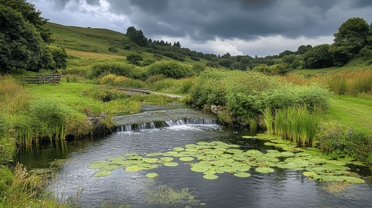 A shallow weir with water lilies in a rolling countryside, bordered by lush greenery under a brooding sky.