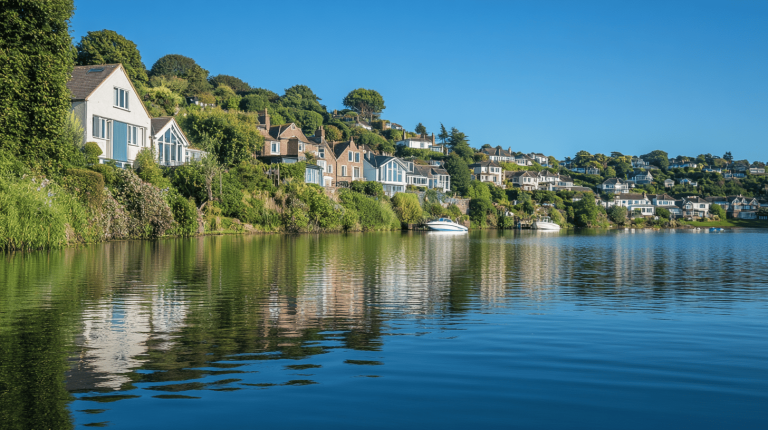 A row of houses perched on a verdant hillside overlooking a tranquil expanse of water, with reflections rippling across the surface and a white boat moored near the shore.