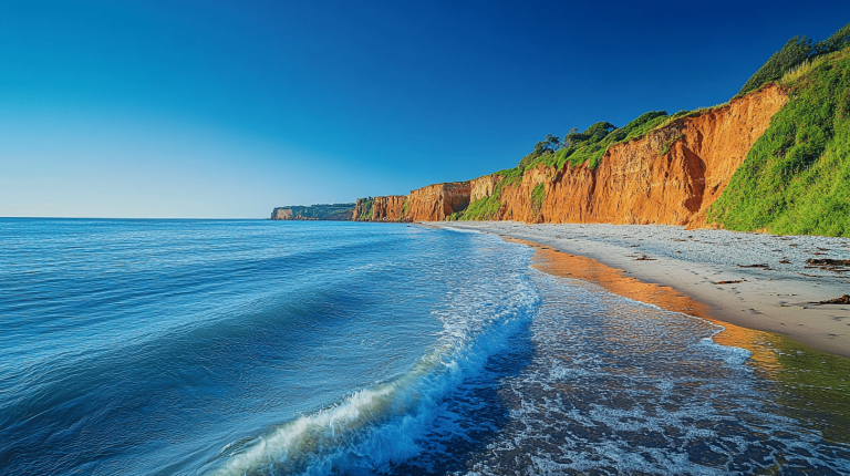 Red-hued cliffs along a sandy shoreline with gentle waves rolling in from a bright blue sea under a clear sky