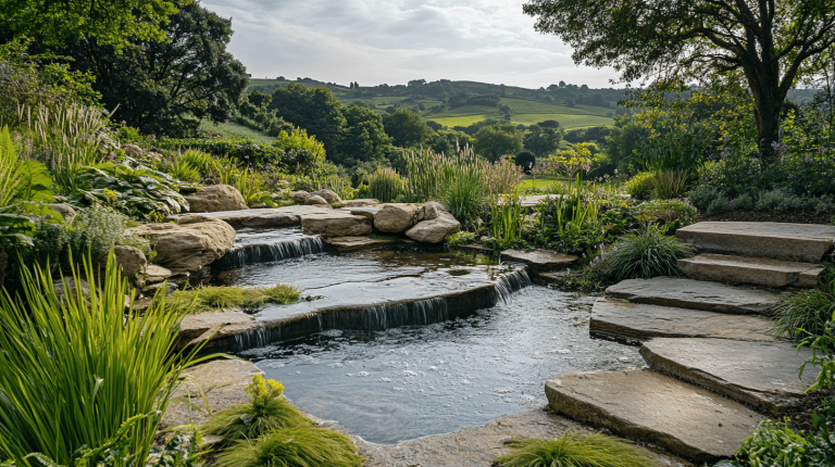 Multi-tiered water feature composed of layered stone and small waterfalls, surrounded by lush greenery and overlooking a gently sloping countryside.