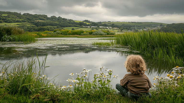 A child with curly fair hair sits on the grassy bank of a tranquil pond surrounded by wildflowers, reeds, and rolling green hills under a cloudy sky