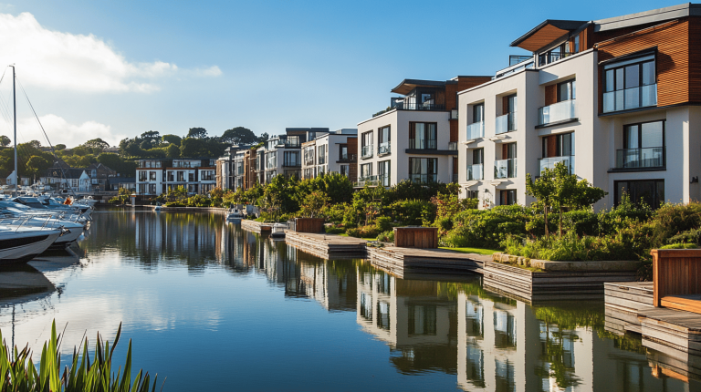 Contemporary waterfront buildings reflected on a tranquil marina with moored boats and lush landscaping in the foreground