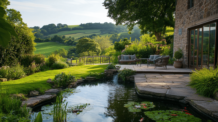 A stone patio overlooking a fish pond with lilies and a small waterfall, surrounded by a lush garden with rolling green hills in the distance