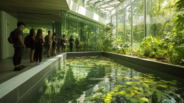 An indoor pond with waterlilies surrounded by lush plants and observed by a small group of people through glass walls