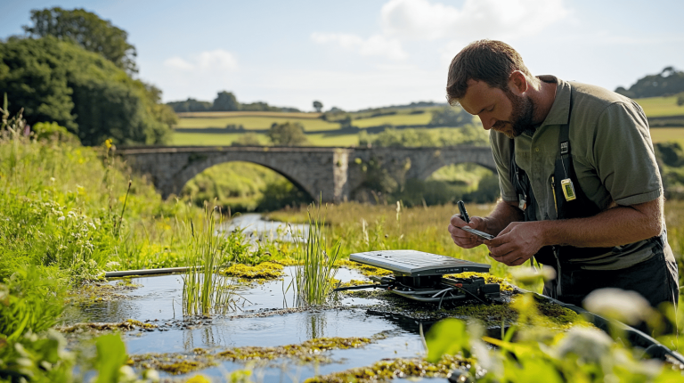A person in workwear records data beside a small aquatic feature, with a stone bridge and rolling green countryside in the background