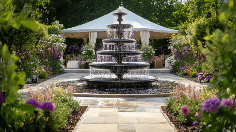 A tall tiered fountain cascades water amidst purple and white blossoms, with a marquee in the background.