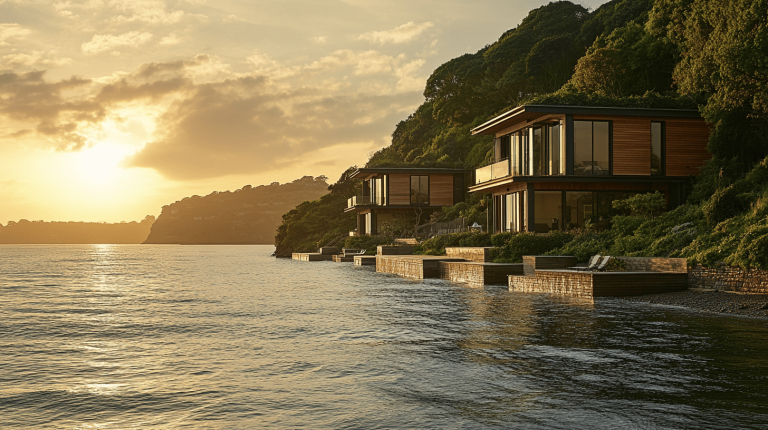 Modern hillside homes with large glass facades perched above calm water under a golden sky