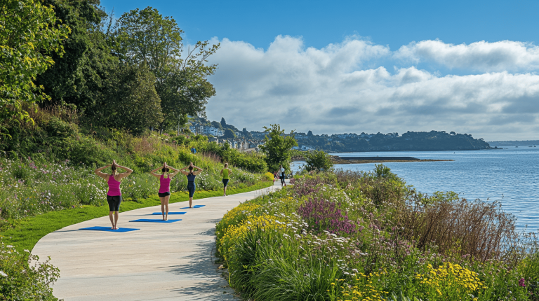 People in activewear practising yoga on mats along a waterside path, bordered by wildflowers and lush foliage, overlooking a coastal town under a bright sky