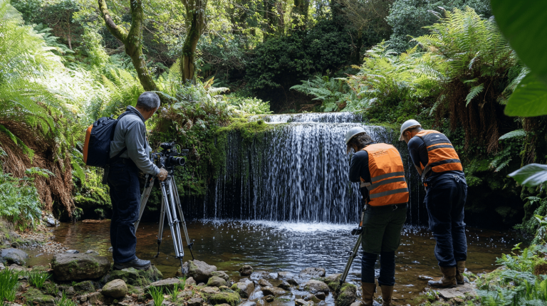 Three people in high-visibility vests using cameras and measuring equipment by a small waterfall in a lush forest