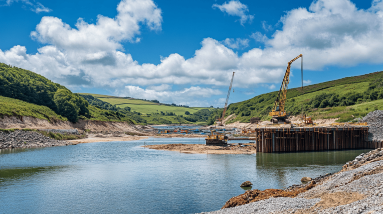 A partially constructed waterscape with cranes, steel framework, and green hills under a vibrant blue sky
