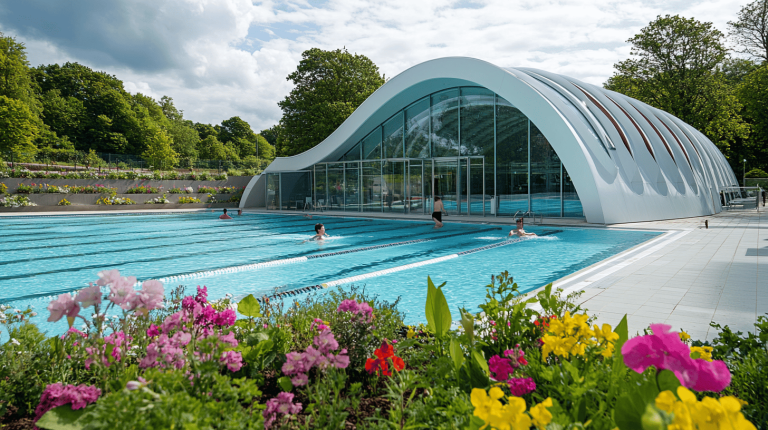 Outdoor swimming pool with a sleek, curved glass structure in a lush setting, bordered by brightly coloured blooms as swimmers enjoy the water