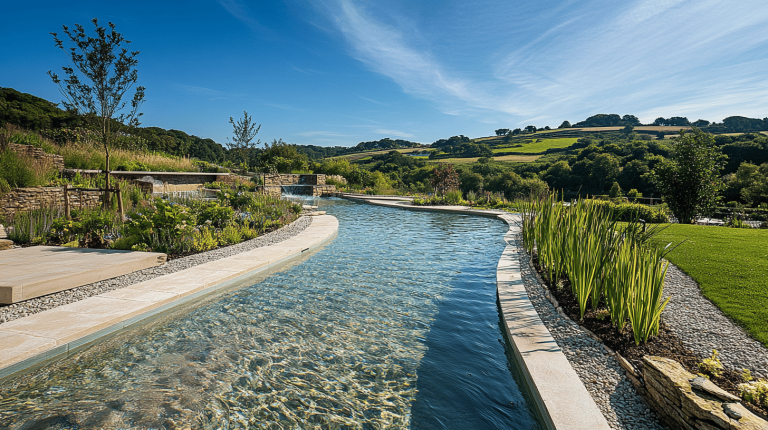 Meandering water feature with tiered cascades, surrounded by stone walls, plants, and a lush rural landscape