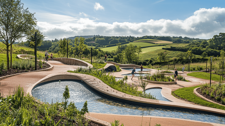Curved pathways and crescent-shaped water features set within rolling green hills, with scattered visitors exploring the landscape