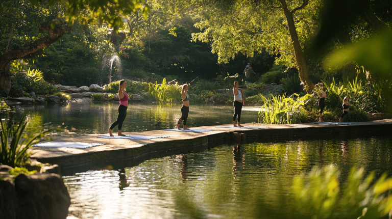A group of women on a narrow stepping-stone path across a pond, practising yoga in soft morning light, surrounded by lush greenery and a gentle fountain spray