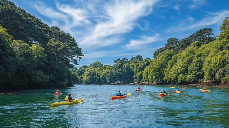 A group of kayakers gliding across calm, emerald water surrounded by dense woodland and a bright blue sky with wispy clouds.