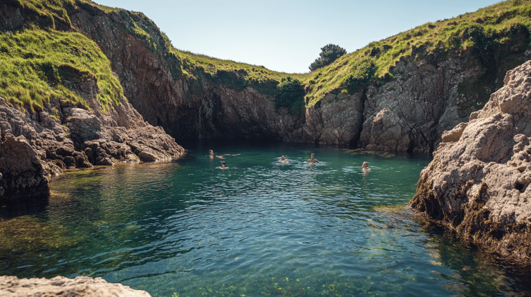 People swimming in a clear, secluded cove framed by steep rocky walls and vibrant green grassy slopes