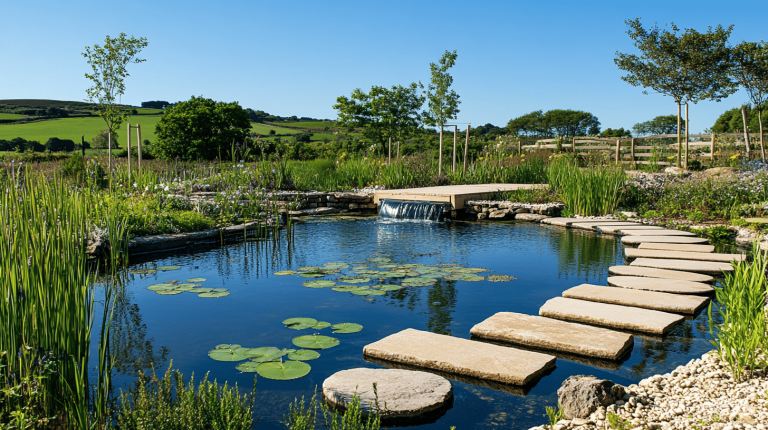 A tranquil pond with water lilies, a small waterfall, and a curved stepping stone path surrounded by lush greenery in the countryside