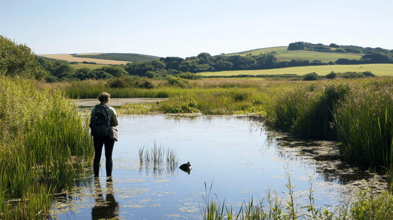 A person wearing a backpack stands in ankle-deep water within a lush wetland, surrounded by tall reeds and rolling green hills in the distance