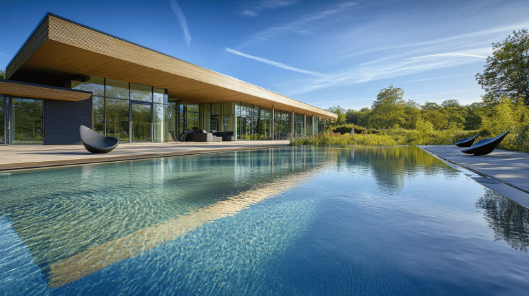 A sleek, single-storey building with a broad timber roof and glass walls overlooking a luxurious reflective pool, surrounded by lush greenery on a clear day