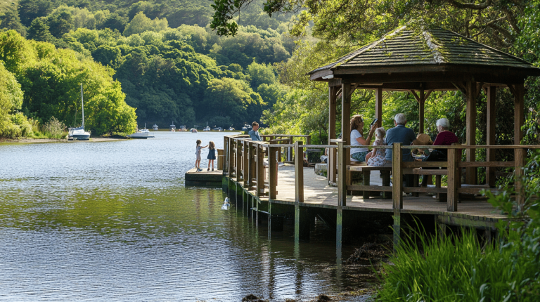 A waterfront deck with a wooden gazebo where people relax, children stand at the water’s edge, and lush green woodland and moored boats form a peaceful backdrop.