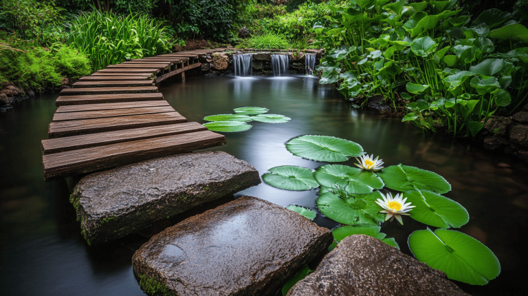 A gently curving timber pathway and stepping stones leading across a still pond with waterfalls, vibrant lilies, and abundant greenery