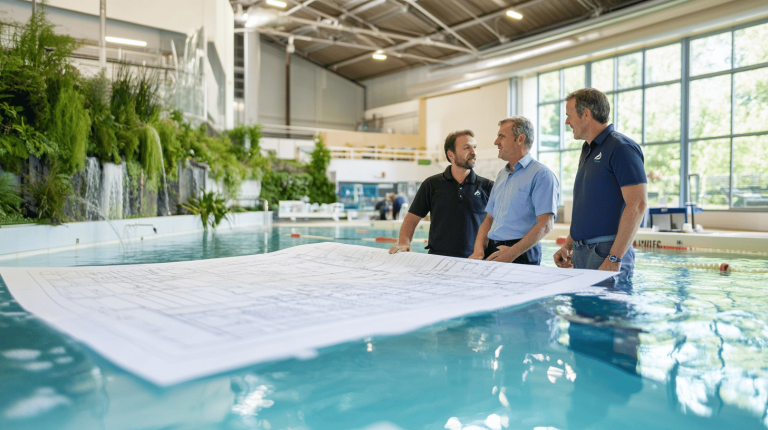 Three men standing in a shallow indoor pool, examining a large blueprint, with lush green foliage and waterfalls in the background.