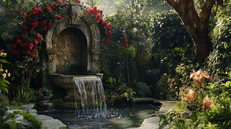 A carved stone fountain arch adorned with red blossoms, pouring water into a tranquil pool surrounded by lush foliage.