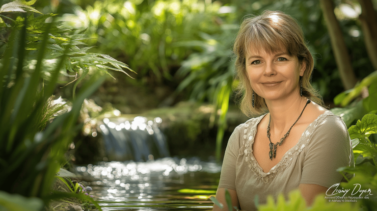 A woman sits near a small waterfall and pond, surrounded by abundant foliage, wearing a neutral-coloured top and a delicate necklace