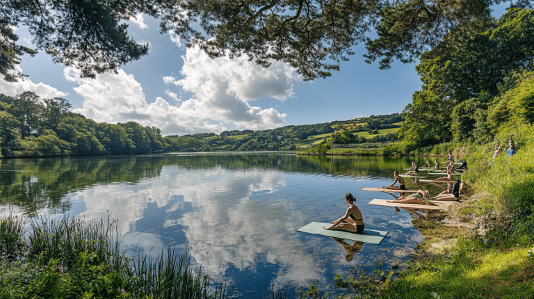 Group of people practising yoga on platforms along a calm lake, surrounded by verdant hills and trees under a bright, partly cloudy sky