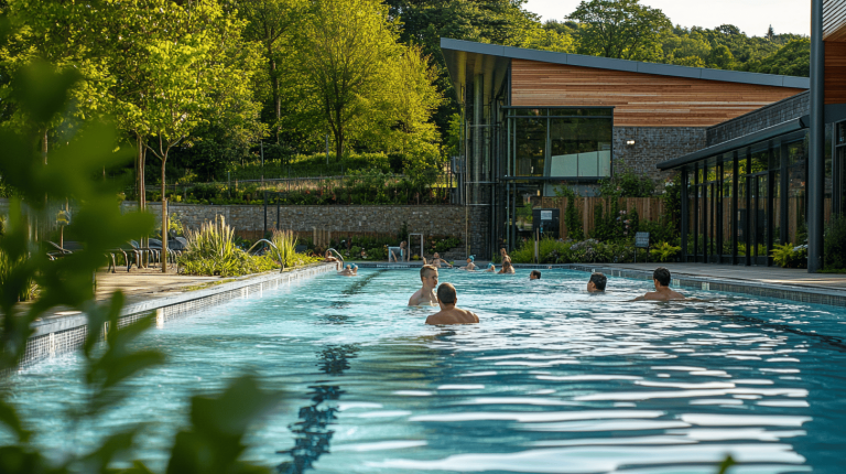 A modern outdoor swimming pool beside a wood-panelled building, surrounded by greenery and people enjoying the water on a sunny day.